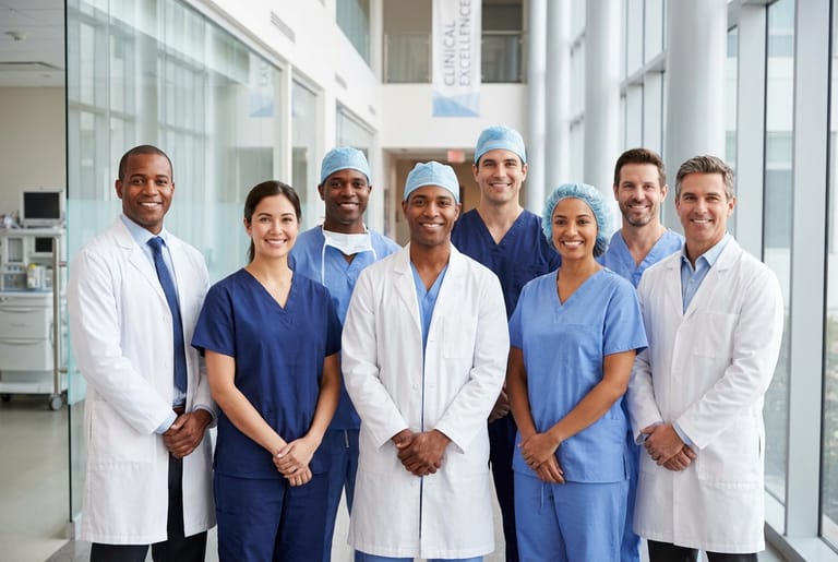 A diverse multidisciplinary hospital team in a bright clinical atrium. Illustrative staging image.