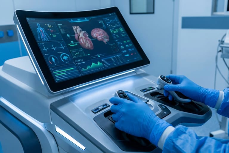 A clinician working at a high-precision medical technology console. Illustrative staging image.