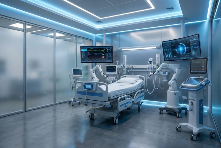 A prepared emergency treatment room. Illustrative staging image only — it does not evidence hospital capabilities.