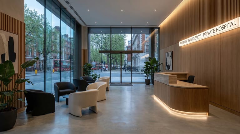 A calm, modern private hospital reception with warm timber and natural light. Illustrative staging image.