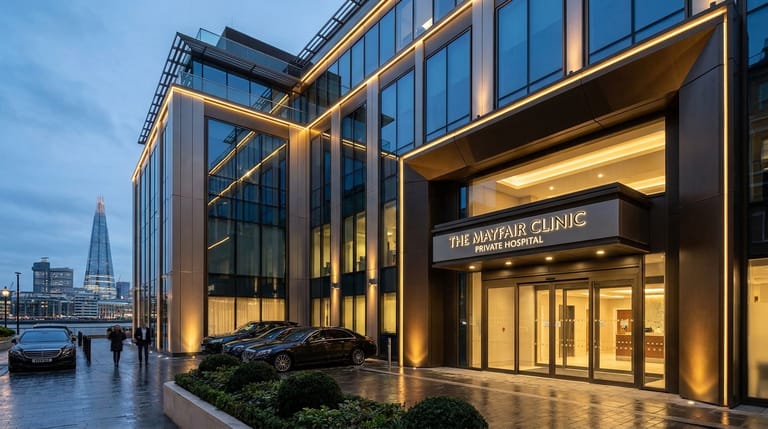 The exterior of a modern private hospital building at dusk. Illustrative staging image.