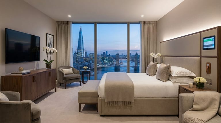 A quiet private hospital suite with a city view. Illustrative staging image.