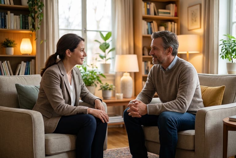 A clinician speaking with a patient in a private room. Illustrative only — not identified as Thames staff.